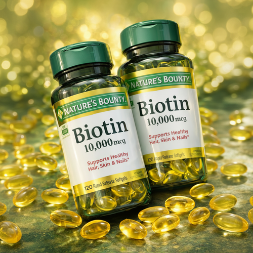 Biotina 10,000 mcg con cápsulas doradas