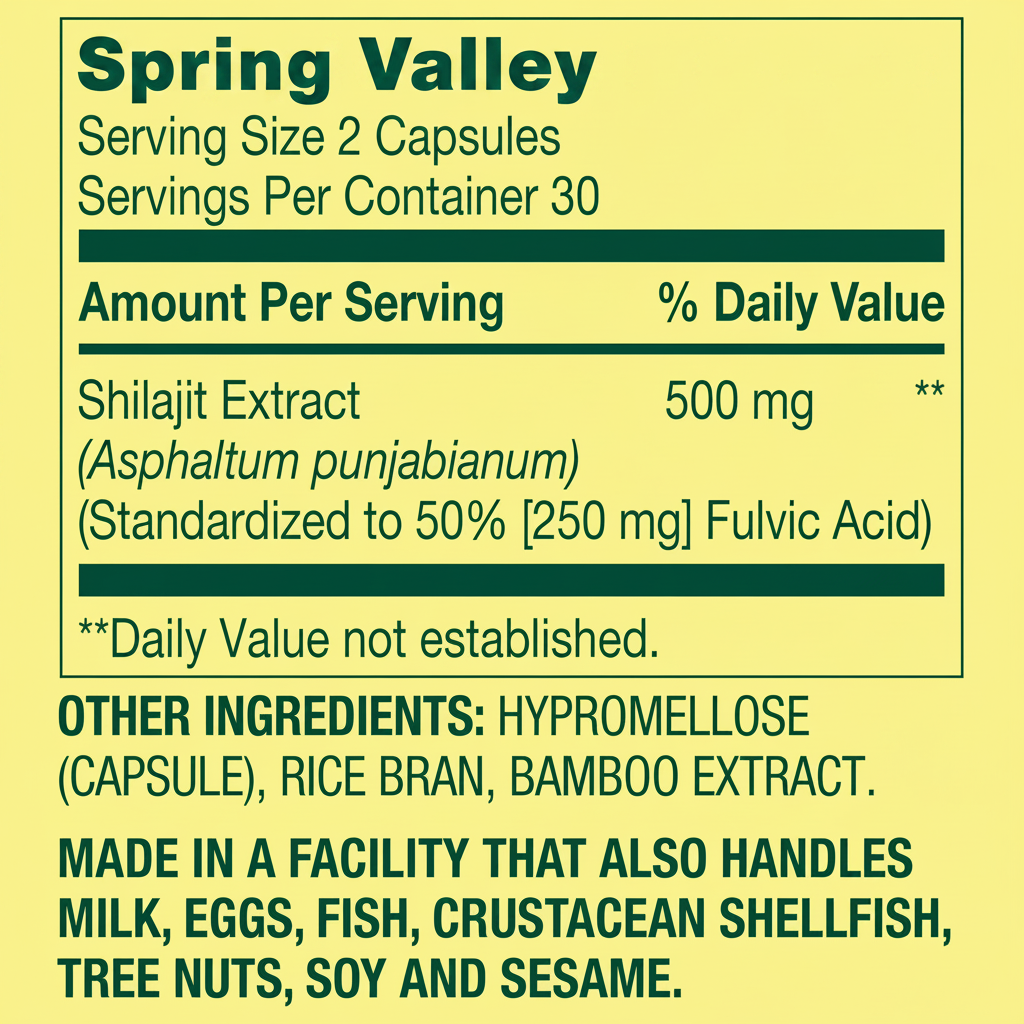 Supplement Facts - Spring Valley Shilajit Extracto 500mg 60 Cápsulas Vegetarianas