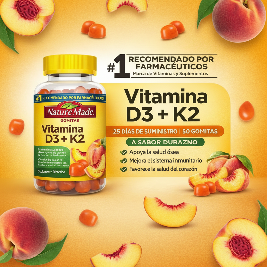 Nature Made D3 + K2 Gummies - Imagen promocional con frutas