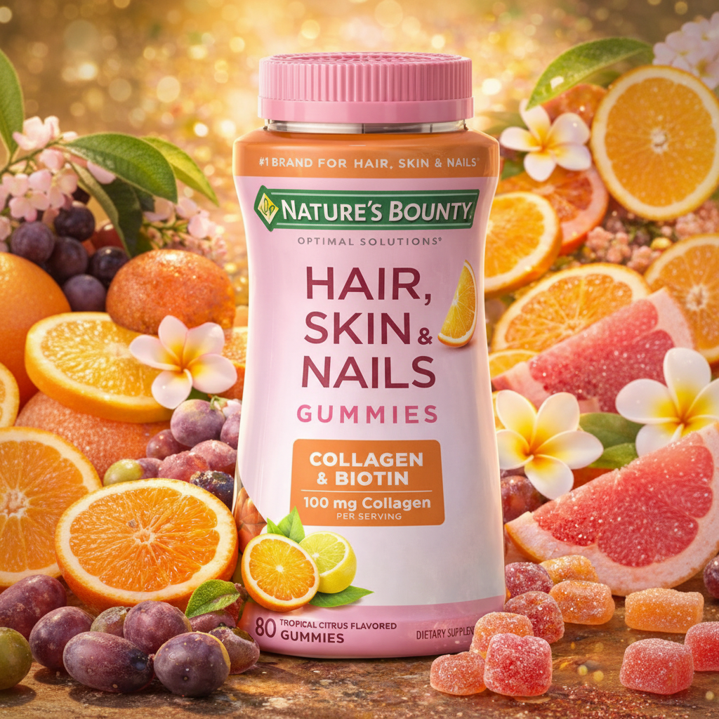 Nature's Bounty Hair, Skin & Nails + Collagen Gummies - Imagen promocional con frutas
