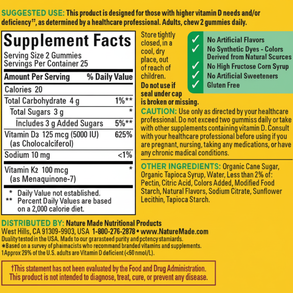 Tabla Nutricional - Nature Made D3 + K2 Gummies