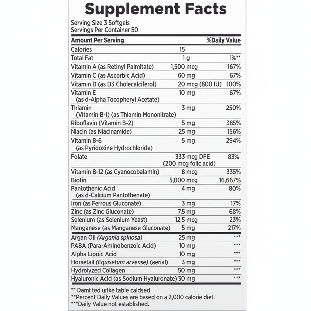 Tabla Nutricional - Nature's Bounty Hair Skin & Nails Advanced 5000 mcg ampliada